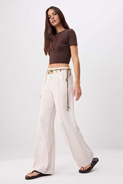 Trendyol Collection Pantaloni țesuți din bumbac cu picior lat/picior lat, bej...