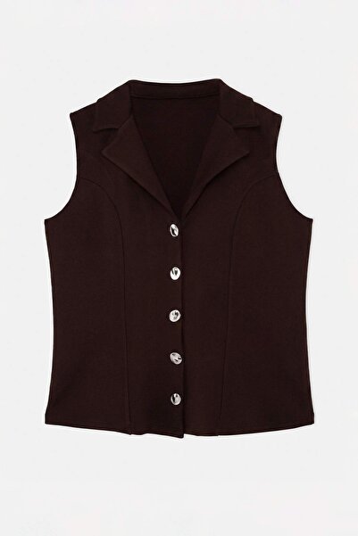 Trendyol Curve Brown Fitted/Skin-Fitting Buttoned Seam Detail Interlock Knitt...