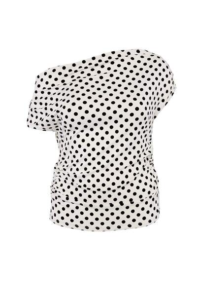 Trendyol Curve White Shoulder Detailed Polka Dot Patterned Knitted Oversize B...