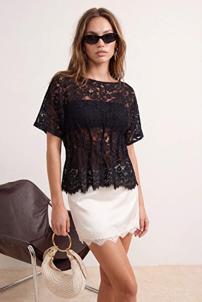 Trendyol Collection Black Unlined Waist Detailed Lace Party Blouse Tprss26Bz0...