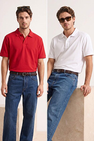 Trendyol Kollektion Rot-weißes, normales T-Shirt mit Polo-Ausschnitt, einfarb...