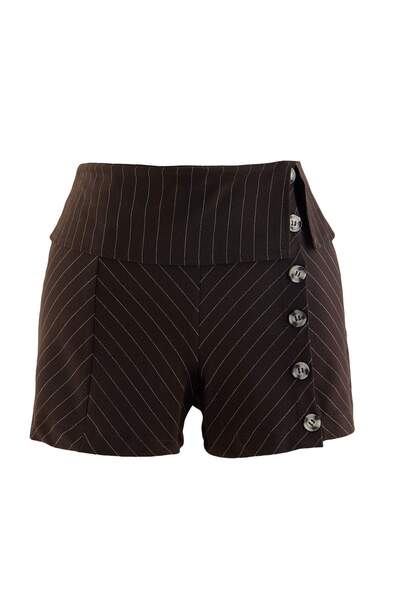 Trendyol Collection Brown Button and Fold Detail Striped Low Waist Mini Short...