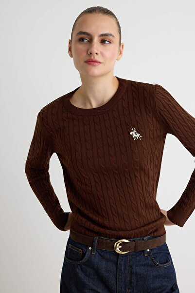 Trendyol Collection Pulover tricotat subțire cu broderie cal maro TWOAW26KZ00122