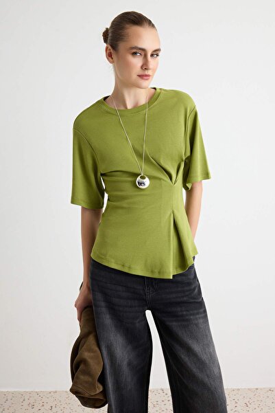Trendyol Collection Oil Green Plain Crew Neck Standard Sleeve Fitted Twisted ...