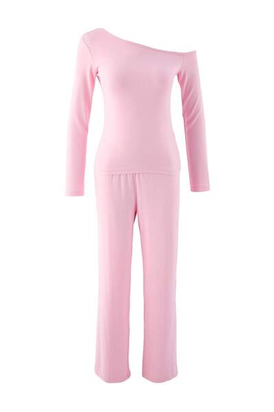 Trendyol Collection Pink Viscose Blended Plain Viscose Ribbed Knitted Pajama ...