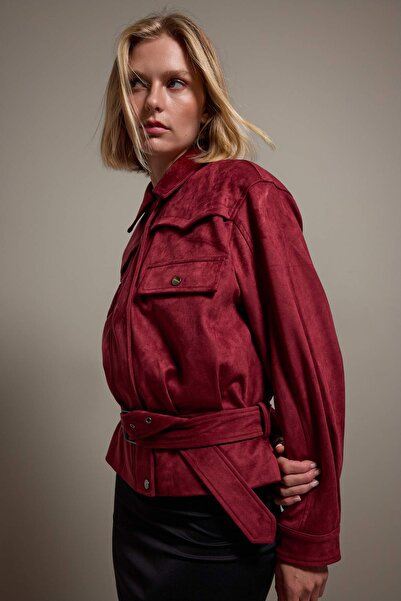 Trendyol Collection Burgundy Regular Fit Belt Detailed Suede Jacket Coat Twoa...