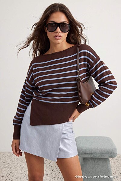 Trendyol Kollektion Brauner*001 Pullover mit merzerisiertem Look und Bootsaus...