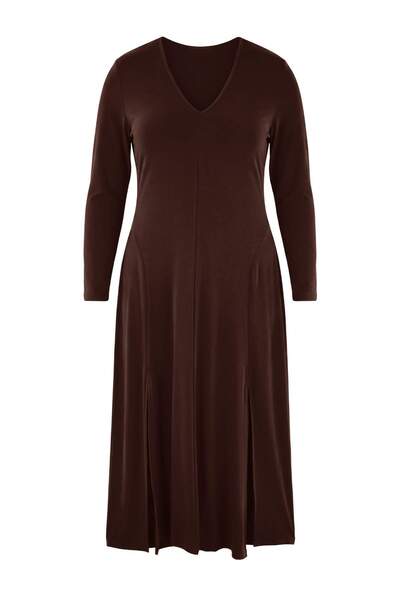 Trendyol Curve Brown V-Neck Skater/Waist Opening Flexible Maxi Knitted Dress ...