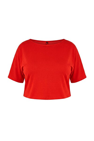 Trendyol Curve Red Relaxed Boat Neck Bat Sleeve Three Quarter Crop Soft Touch...