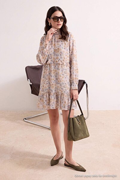 Trendyol Modest Tunica midi din viscoză cu imprimeu floral maro TCTAW27UK00004
