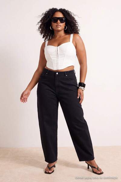 Trendyol Curve Black High Waist Barrel Baggy 100% Cotton Non-Stretch Plus Siz...