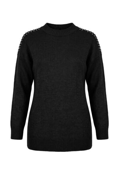Trendyol Modest سترة تريكو سوداء ناعمة الملمس بتفاصيل حجرية TCTAW26AK00007