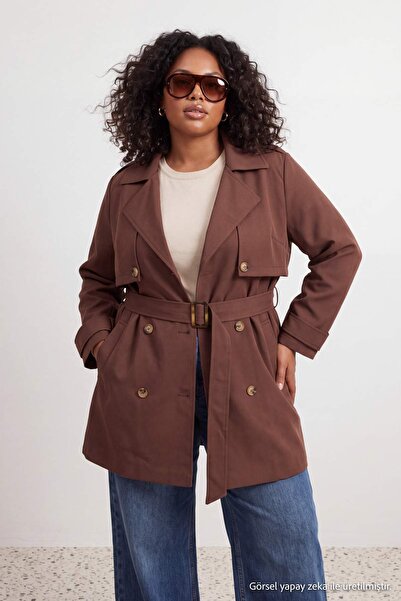 Trendyol Curve Brown Oversize Fit Belted Waist Technical Fabric Trench Coat T...