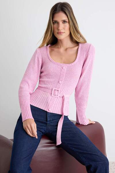 Trendyol Collection Pink Special Yarn Chenille Belt Detailed Knitwear Sweater...