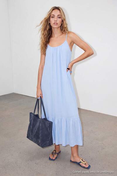 Drop by TrendyolMilla Blue Rope Strap Comfortable Fit Lined Long Dress Tdrss2...