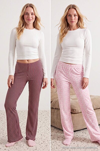 Trendyol Kollektion Burgunderrot-rosa 2-teiliger gestrickter Pyjama-Unterteil...