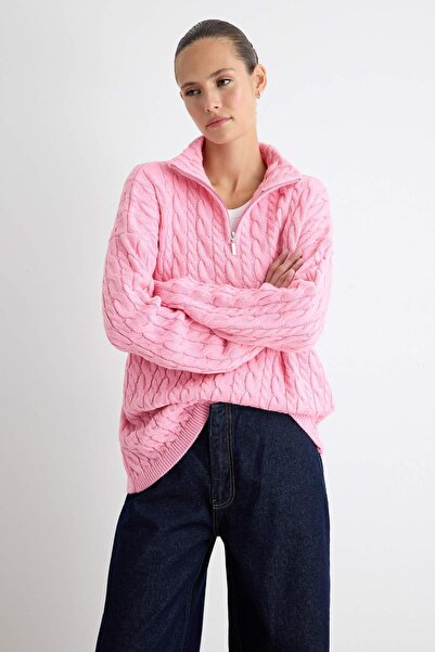 Trendyol Collection Pink Hair Braid Zippered Knitwear Sweater Twoaw27Kz00214