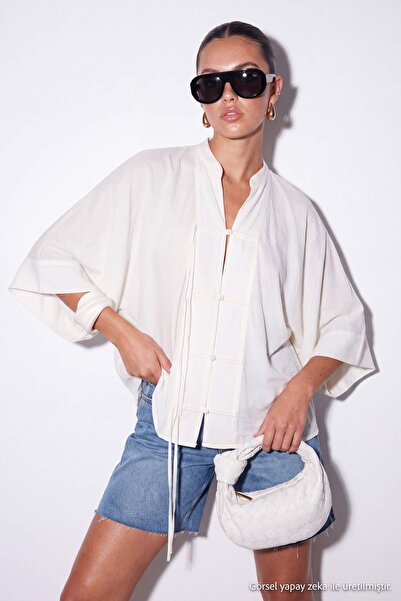 Drop by TrendyolMilla White Button Tie Detail Slim Kimono Tdrss26Km00003