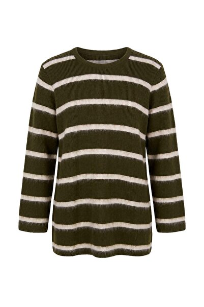 Trendyol Modest Hellkhakifarbener gestreifter Strickpullover mit weicher Text...
