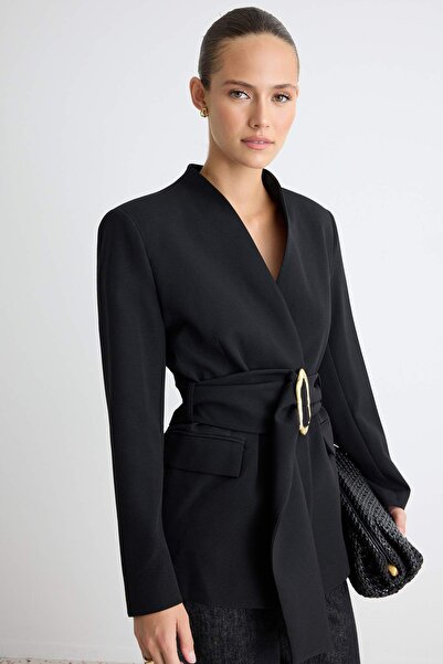 Trendyol Collection Black Thick Belted Regular Fit Blazer Jacket with Accesso...