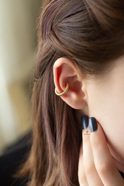 BY BARUN SİLVER Kıkırdak Earcuff Halka Burgu Halat 925 Ayar Zirkon Sarı Gold ...