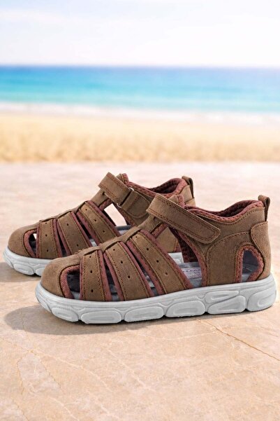 Rakerplus piele naturală Maro piele întoarsă Velcro pentru băieți sandale