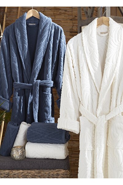 Dantela Σετ μπουρνούζια από βαμβάκι ζακάρ Melanie 6 τεμαχίων - Κρεμ/Μπλε ναυτικό