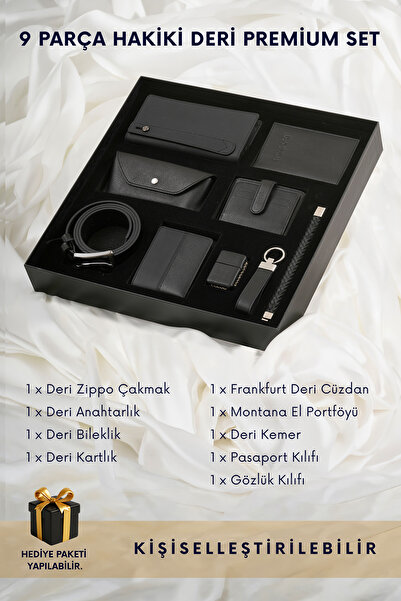 CüzCan 9 Parça Hakiki Deri Siyah Premium Kişiye Özel Erkek Hediye Seti - Baba...