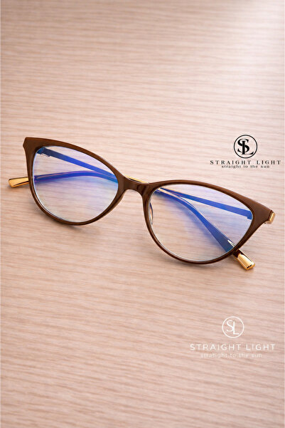 Straight Light Women's Blue Light Protective Glasses Cateye Brown Gold Metal ...
