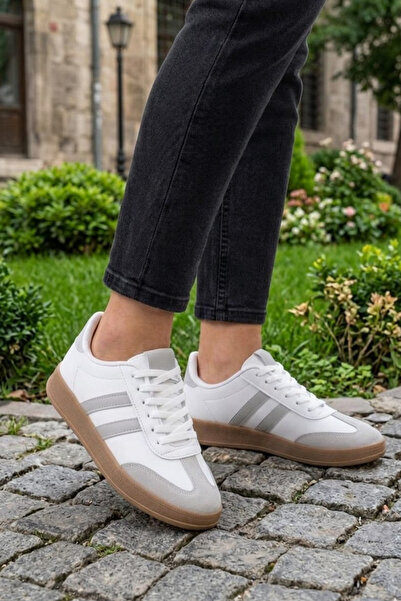 mihra home Unisex Beyaz Gri Kahve Taban Günlük Bağcıklı Spor Ayakkabı