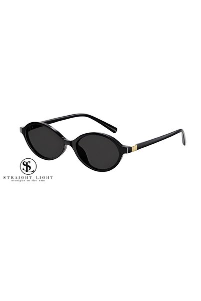 Straight Light Women's Retro Oval Sunglasses Black Frame Black Glass Gold Metal Detail Uv400 Stylish Luxury Design