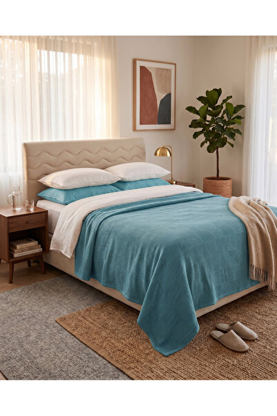 Shopyteks 100% Cotton Blue Waffle Pike Coverlet 200X220 Double Size Breathabl...
