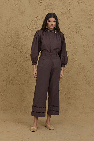 Fahhar Culotte Cut Cotton Trousers Brown