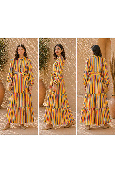 LINELLE Yellow & Multicolor Striped Tiered Casual Dress
