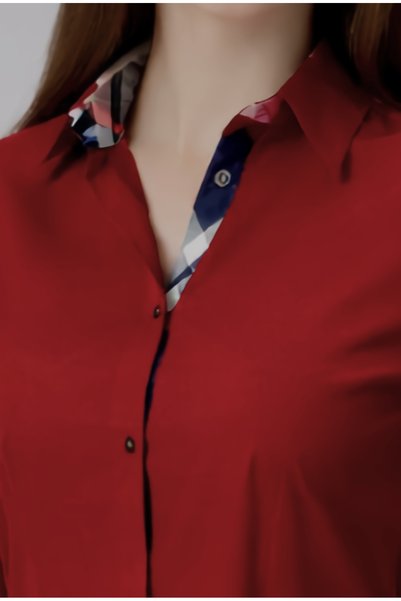 FARQIN K. Red Pomegranate Flower Cotton Polyester Brbry Fabric Detailed Zero Sleeve Slim Fit Women's Shirt
