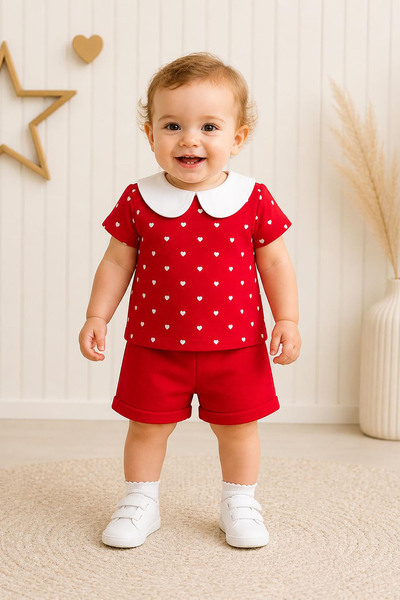 LUMİNO KİDS Kız Çocuk Kalpli Desenli Bebe Yaka Şortlu Takım Yazlık 2’li Şık Kombin