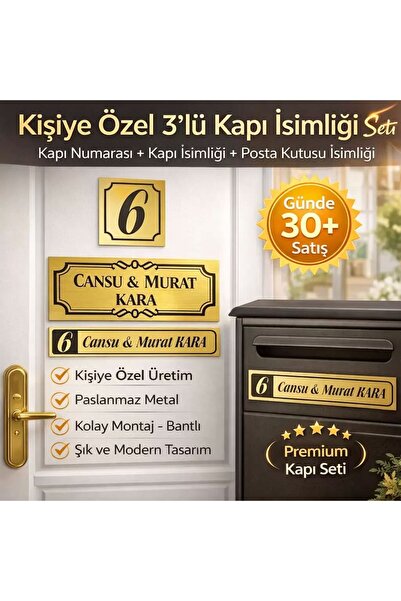 3-Piece Door Name Tag Set – Door Number + Door Name Tag + Mailbox – Personalized Metal GOLD