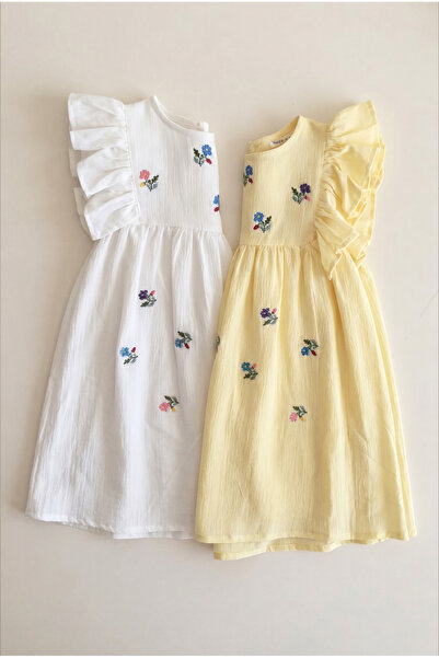 Mtcbaby %100 Pamuk Dokuma Çiçek Nakışlı Elbise 3-7 Yaş Sarı