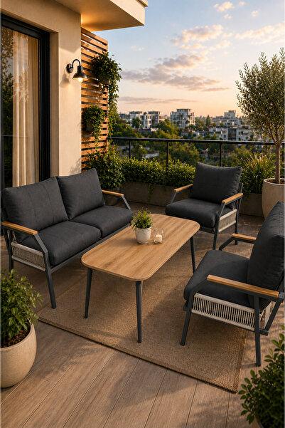 UFUK HOME Daisy Antrasit 211 Masalı Örgülü Antrasit Fermuarlı Bahçe Balkon Ta...