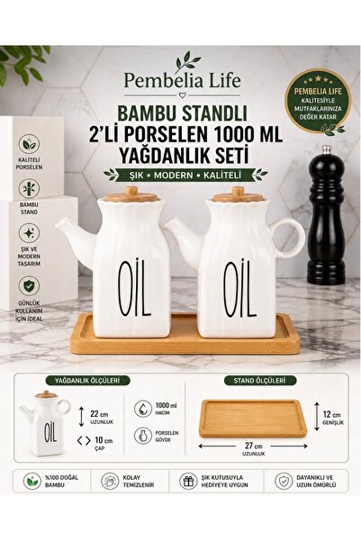 Pembelia Life Square 2-Piece Porcelain Oil Pot Set with Bamboo Stand, 1000 ml...