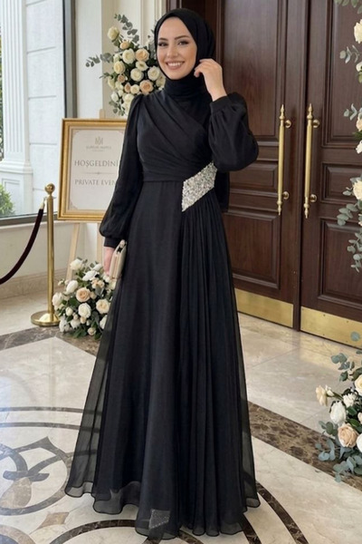 N.S NEVA STYLE فستان سهرة أسود مزين بالخرز للحفلات الإسلامية 4916S