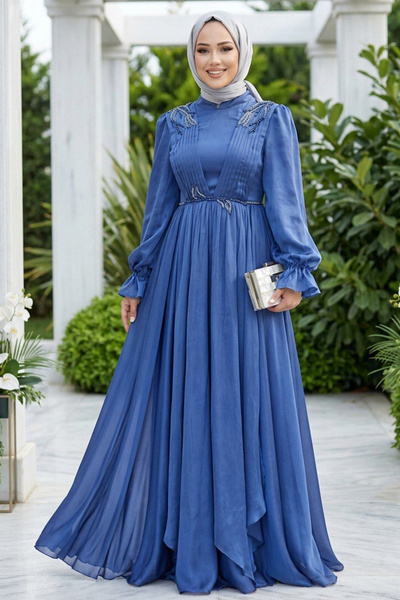 Neva Style Balon Kol İndigo Mavisi Tesettür Abiye Elbise 21910IM