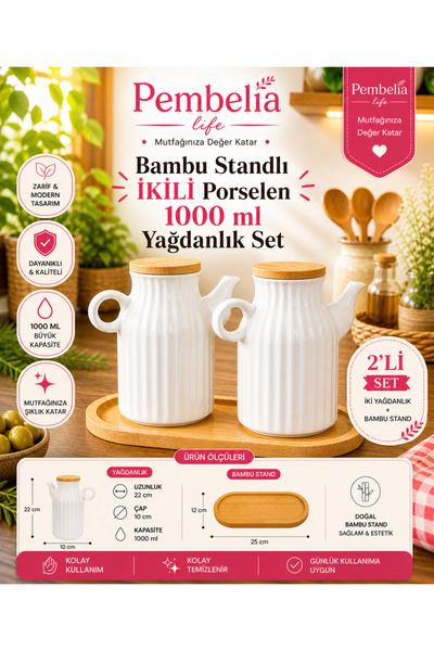 Pembelia Life 2 Adet 1 Lt Porselen Yağdanlık Ve Bambu Altlık Seti-yağlık Sirkelik