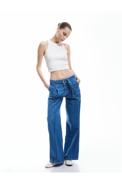 Koton Wide Leg Belt Detailed Pleated Cotton Jeans - Wide Leg Jeans