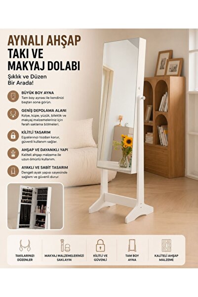 Myplas Modern Tasarımlı Aynalı Kitlenebilir Ahşap Takı ve Makyaj Dolabı Ayakl...
