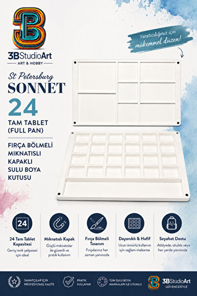 3B st petersburg sonnet sert plastik sulu boya kutusu 24 full pan bölmeli mık...