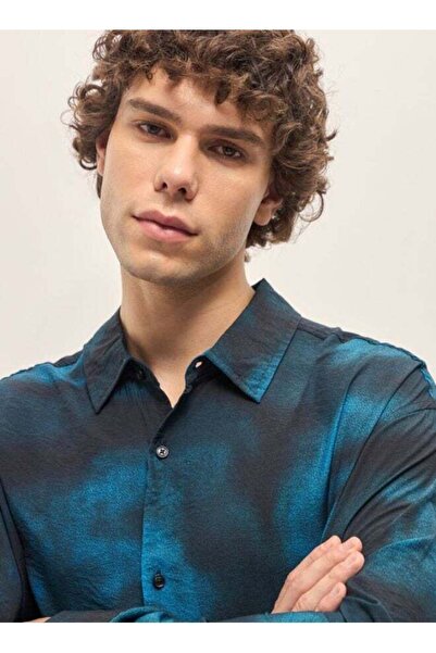 The Bear House Men's Black With Teal Abstract Tie And Dye Relax Fit Overshirt...