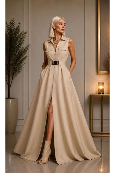 ALYEL NAKER Utility Detaylı & Önden Fermuarlı Maxi Şık/Casual Elbise