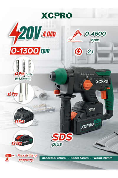 XCPRO 20V Cordless Brushless Rotary Hammer 2.0J, SDS Plus, 2x2.0Ah, Vibration...