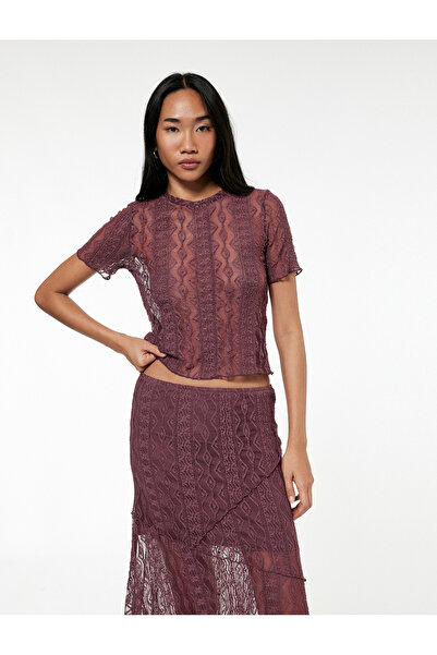 Koton Semi-Transparent Short-Sleeved Crew Neck Lace T-Shirt